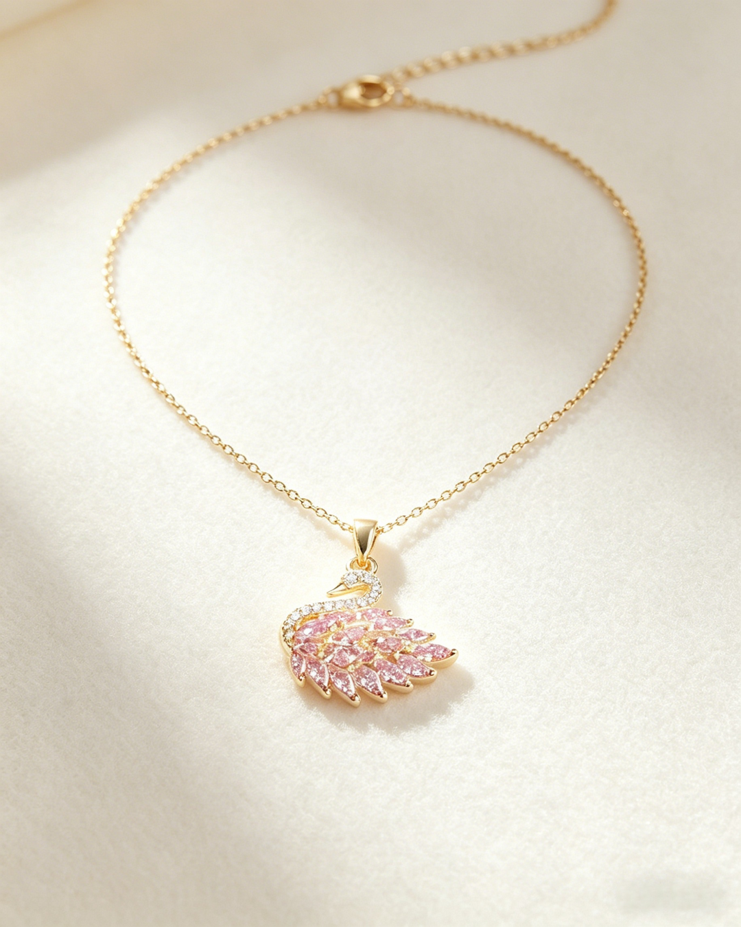 Gold Tone Pink CZ Swan Pendant Necklace | Romantic Marquise Stone Clavicle Chain