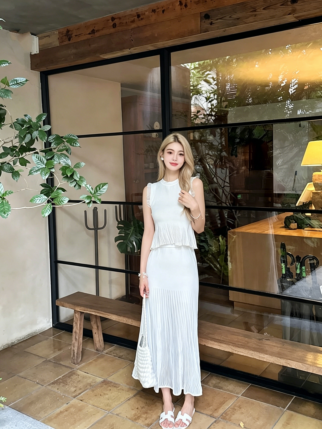Ribbed Knit Peplum Top &amp;amp; A-Line Midi Skirt Set | White Black Mint Green Two-Piece Outfit
