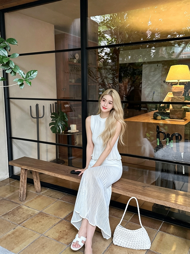 Ribbed Knit Peplum Top &amp;amp; A-Line Midi Skirt Set | White Black Mint Green Two-Piece Outfit