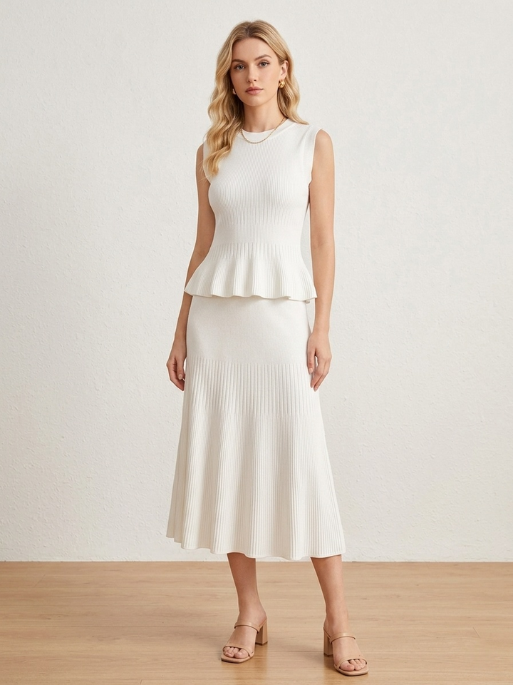Ribbed Knit Peplum Top &amp;amp; A-Line Midi Skirt Set | White Black Mint Green Two-Piece Outfit