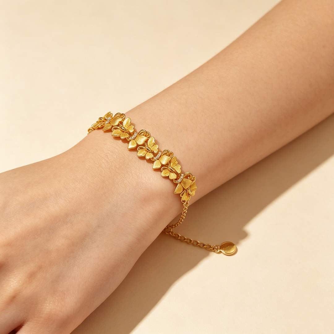 Gold Tone Butterfly CZ Bracelet | Romantic Adjustable Link Chain