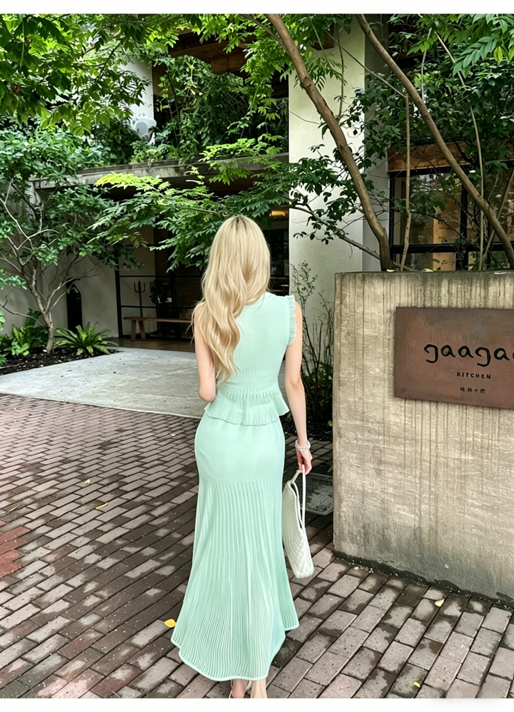 Ribbed Knit Peplum Top &amp;amp; A-Line Midi Skirt Set | White Black Mint Green Two-Piece Outfit