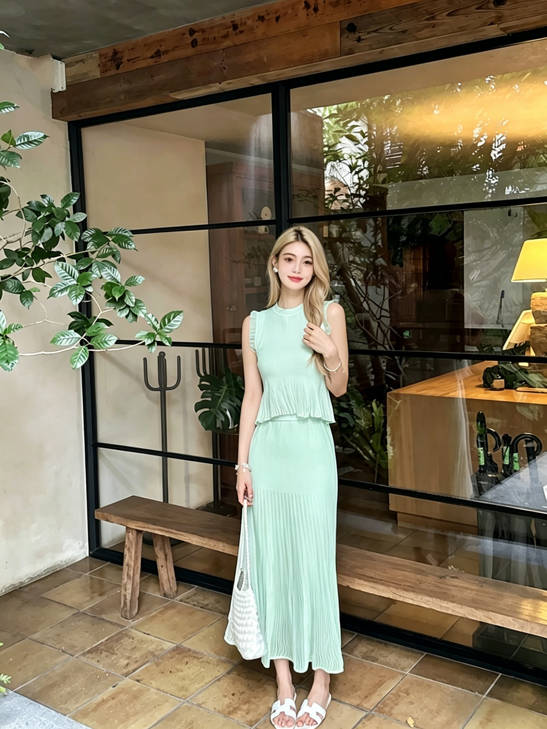 Ribbed Knit Peplum Top &amp;amp; A-Line Midi Skirt Set | White Black Mint Green Two-Piece Outfit