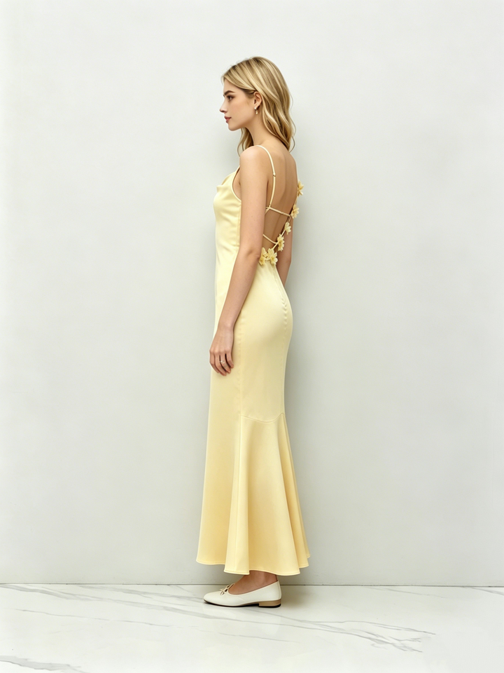 Satin Cowl Neck Backless 3D Flower Mermaid Maxi Dress | Black Evening Gown