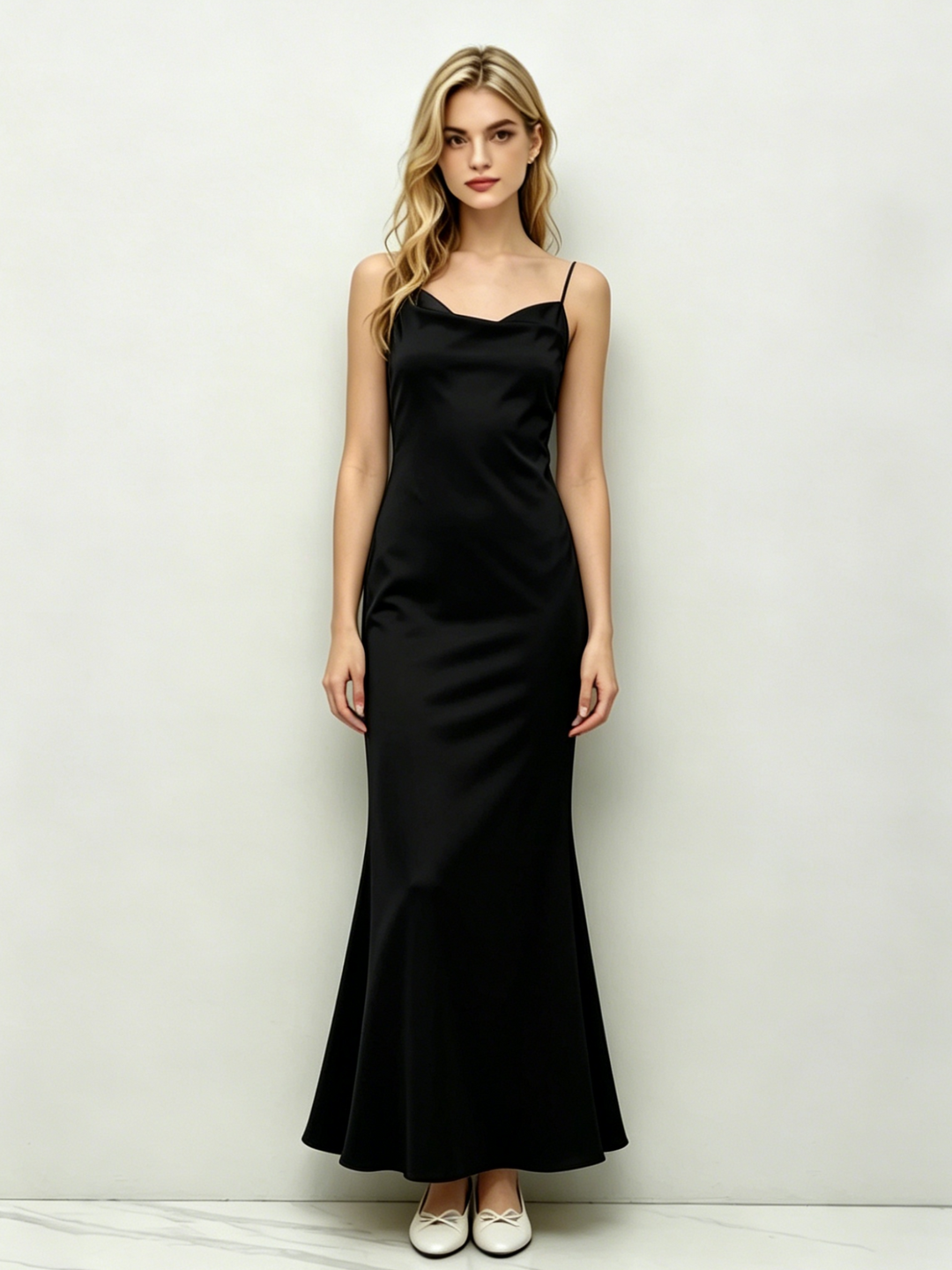 Satin Cowl Neck Backless 3D Flower Mermaid Maxi Dress | Black Evening Gown