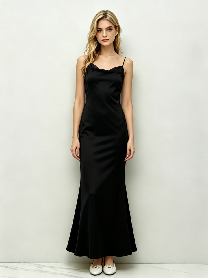 Satin Cowl Neck Backless 3D Flower Mermaid Maxi Dress | Black Evening Gown