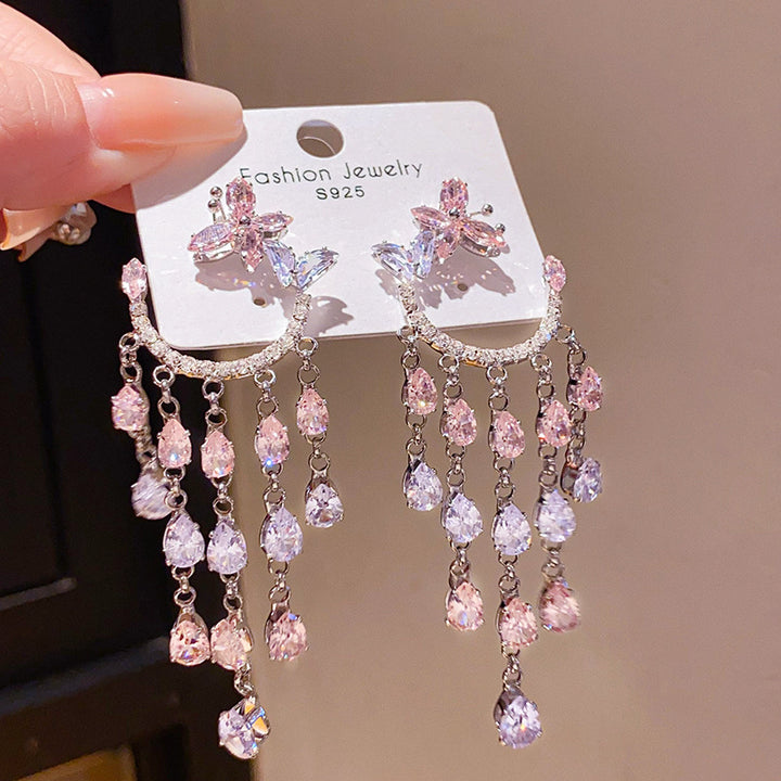 Butterfly Zircon Tassel Drop Earrings | Pink Green Gemstone Long Dangles