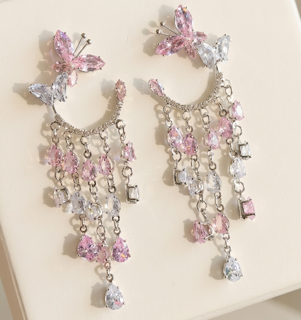 Butterfly Zircon Tassel Drop Earrings | Pink Green Gemstone Long Dangles