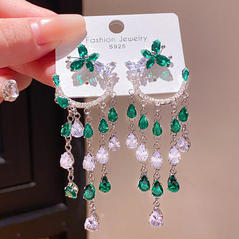 Butterfly Zircon Tassel Drop Earrings | Pink Green Gemstone Long Dangles