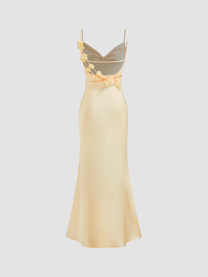 Satin Cowl Neck Backless 3D Flower Mermaid Maxi Dress | Black Evening Gown