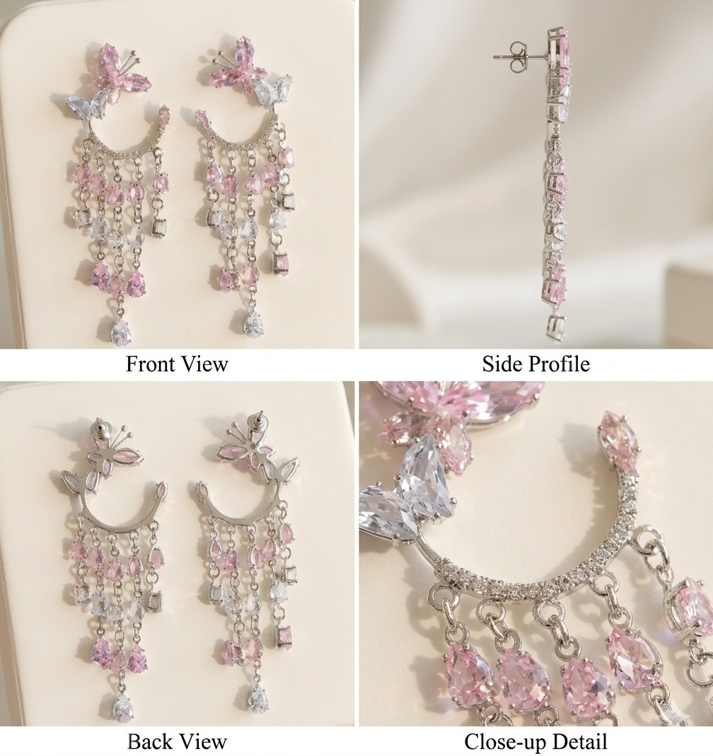 Butterfly Zircon Tassel Drop Earrings | Pink Green Gemstone Long Dangles