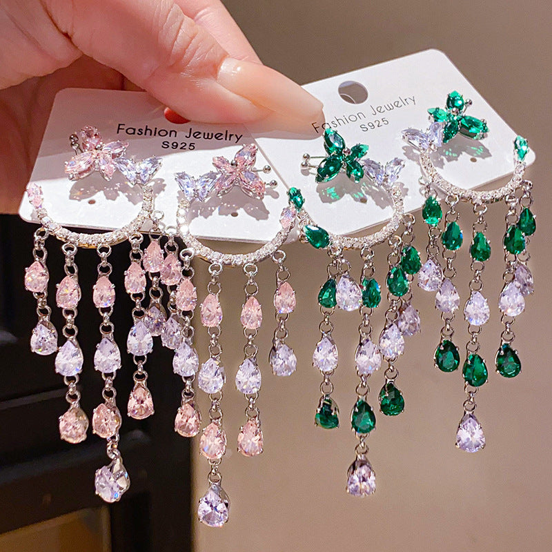 Butterfly Zircon Tassel Drop Earrings | Pink Green Gemstone Long Dangles