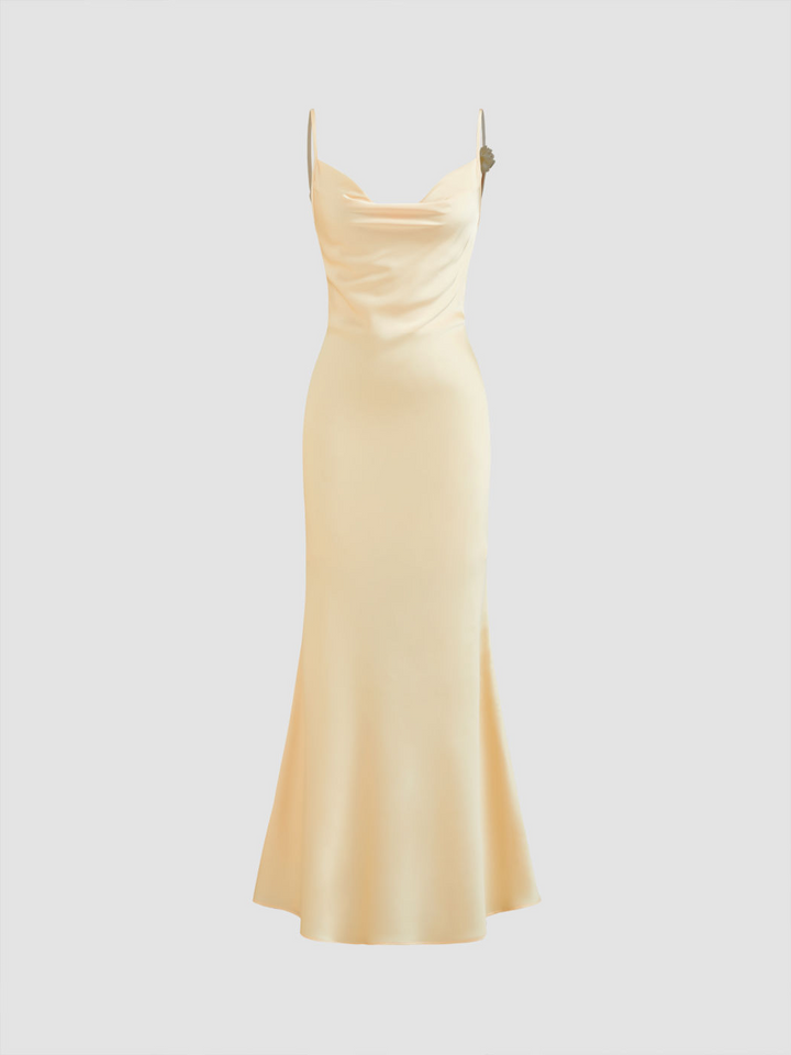 Satin Cowl Neck Backless 3D Flower Mermaid Maxi Dress | Black Evening Gown