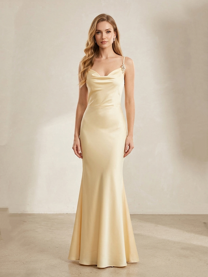 Satin Cowl Neck Backless 3D Flower Mermaid Maxi Dress | Black Evening Gown