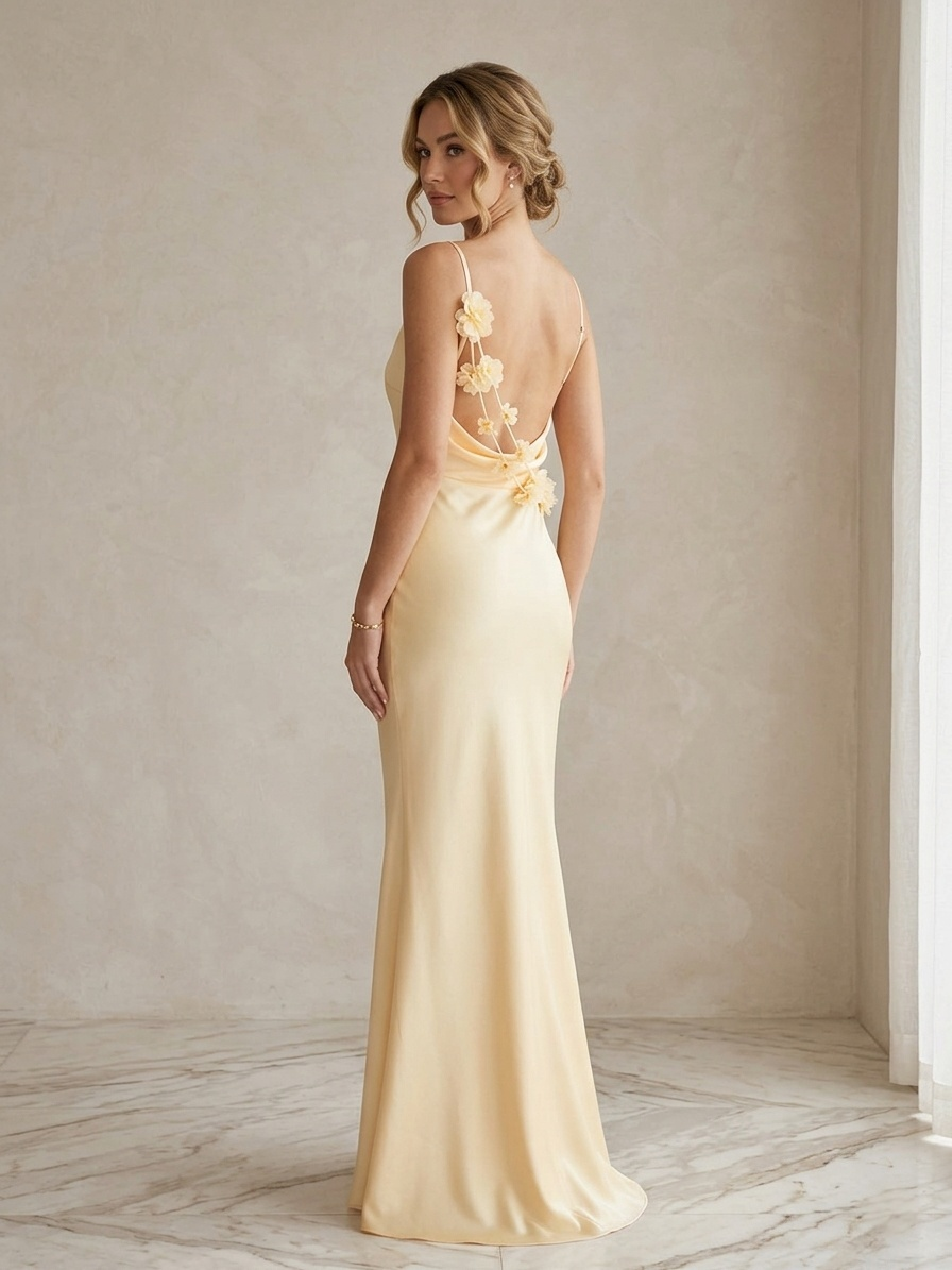 Satin Cowl Neck Backless 3D Flower Mermaid Maxi Dress | Black Evening Gown