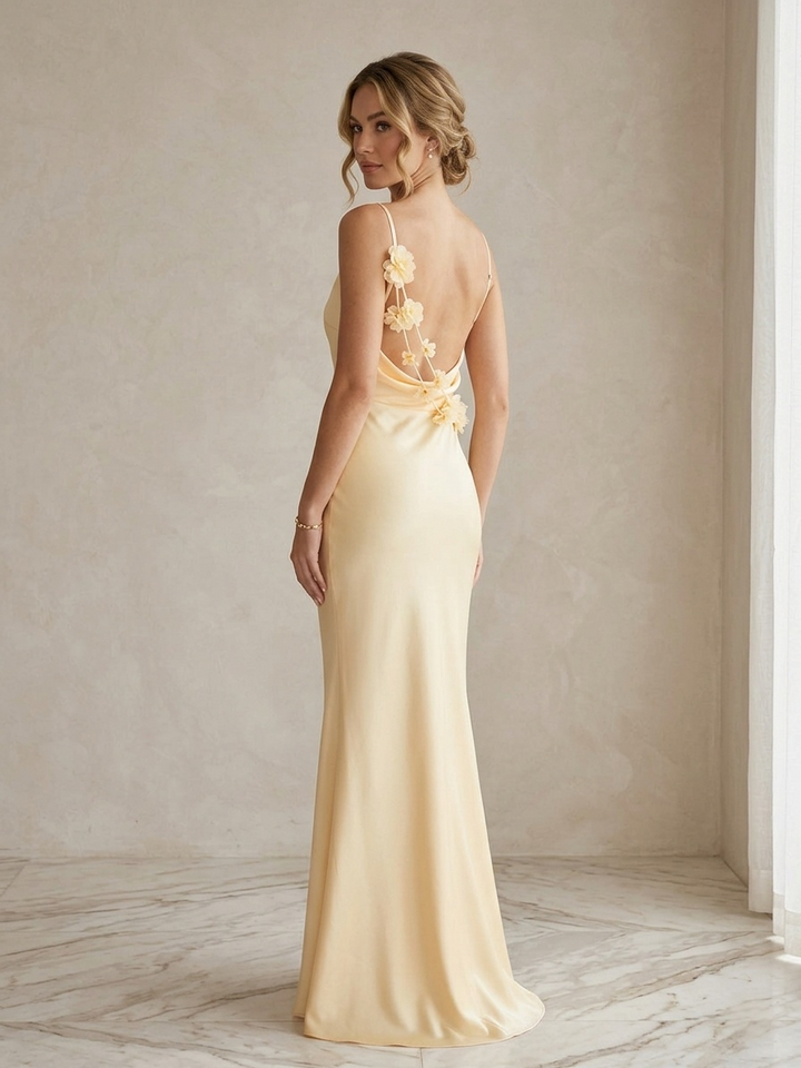 Satin Cowl Neck Backless 3D Flower Mermaid Maxi Dress | Black Evening Gown