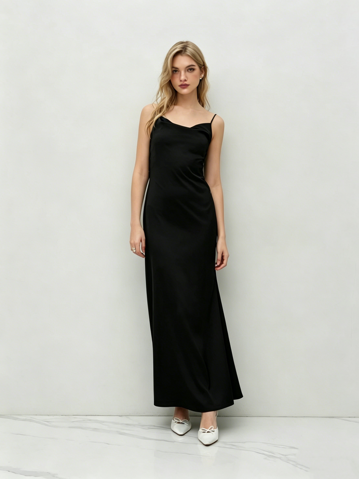 Satin Cowl Neck Backless 3D Flower Mermaid Maxi Dress | Black Evening Gown