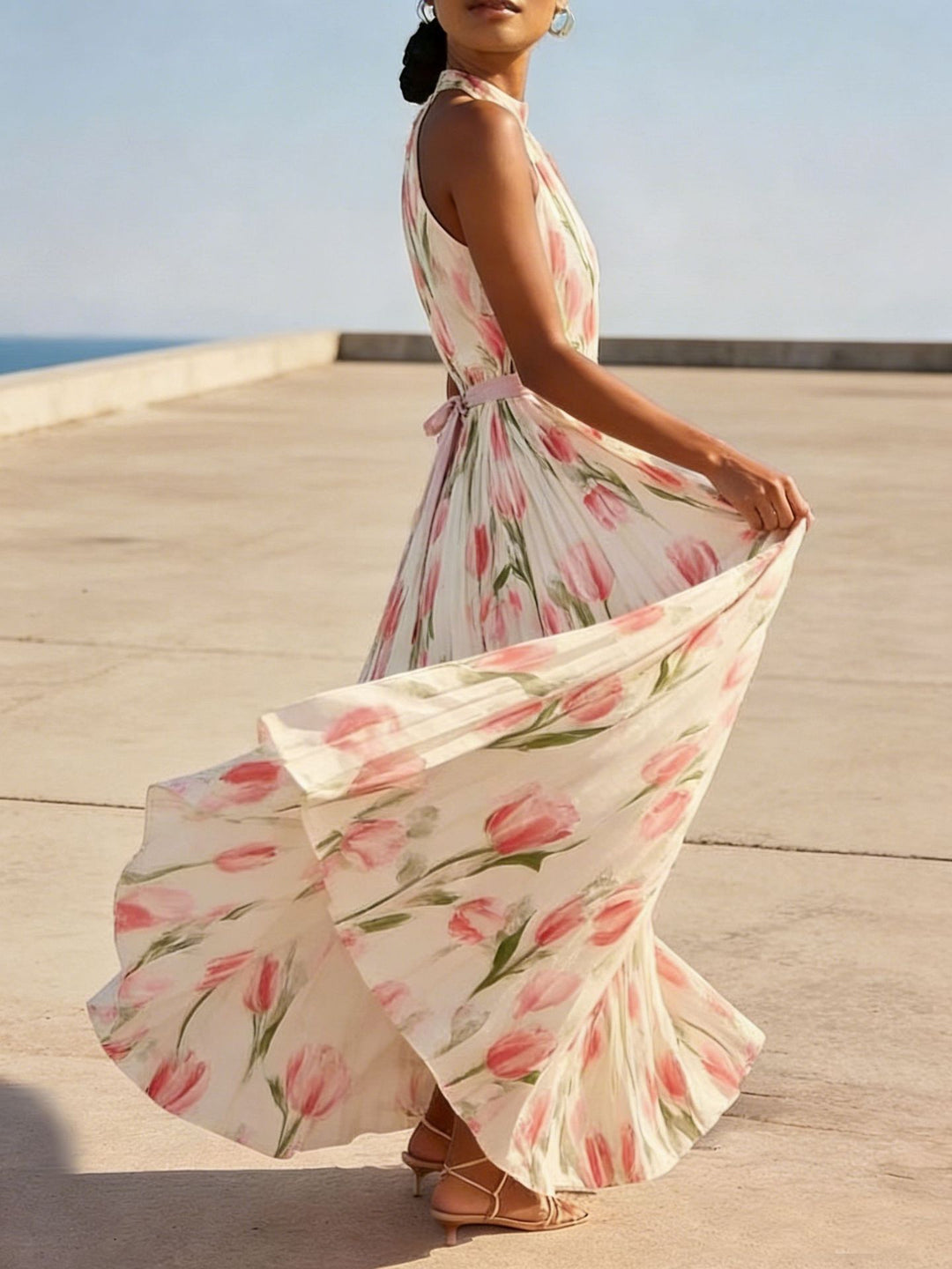 Halter Neck Tulip Print High Waist A-Line Midi Dress | Cream &amp;amp; Pink Floral Romantic Midi
