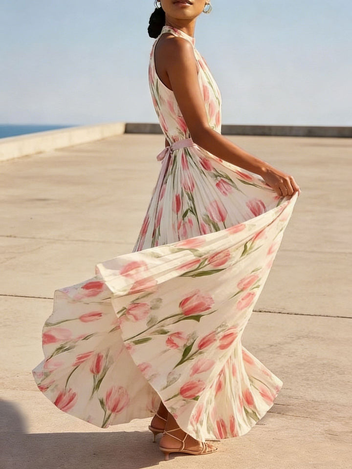 Halter Neck Tulip Print High Waist A-Line Midi Dress | Cream &amp;amp; Pink Floral Romantic Midi