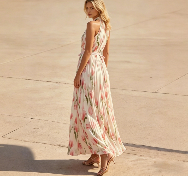 Halter Neck Tulip Print High Waist A-Line Midi Dress | Cream &amp;amp; Pink Floral Romantic Midi