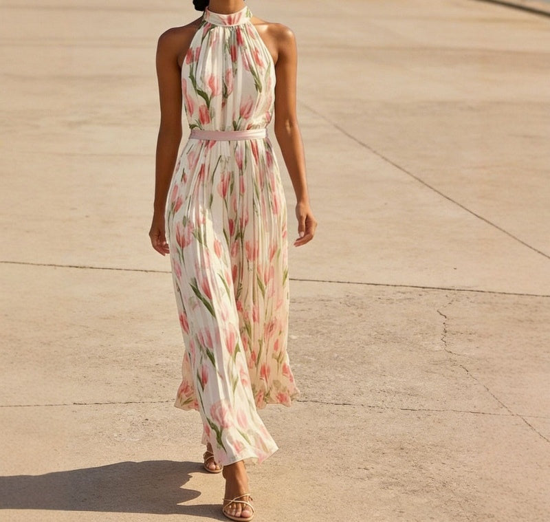 Halter Neck Tulip Print High Waist A-Line Midi Dress | Cream &amp;amp; Pink Floral Romantic Midi
