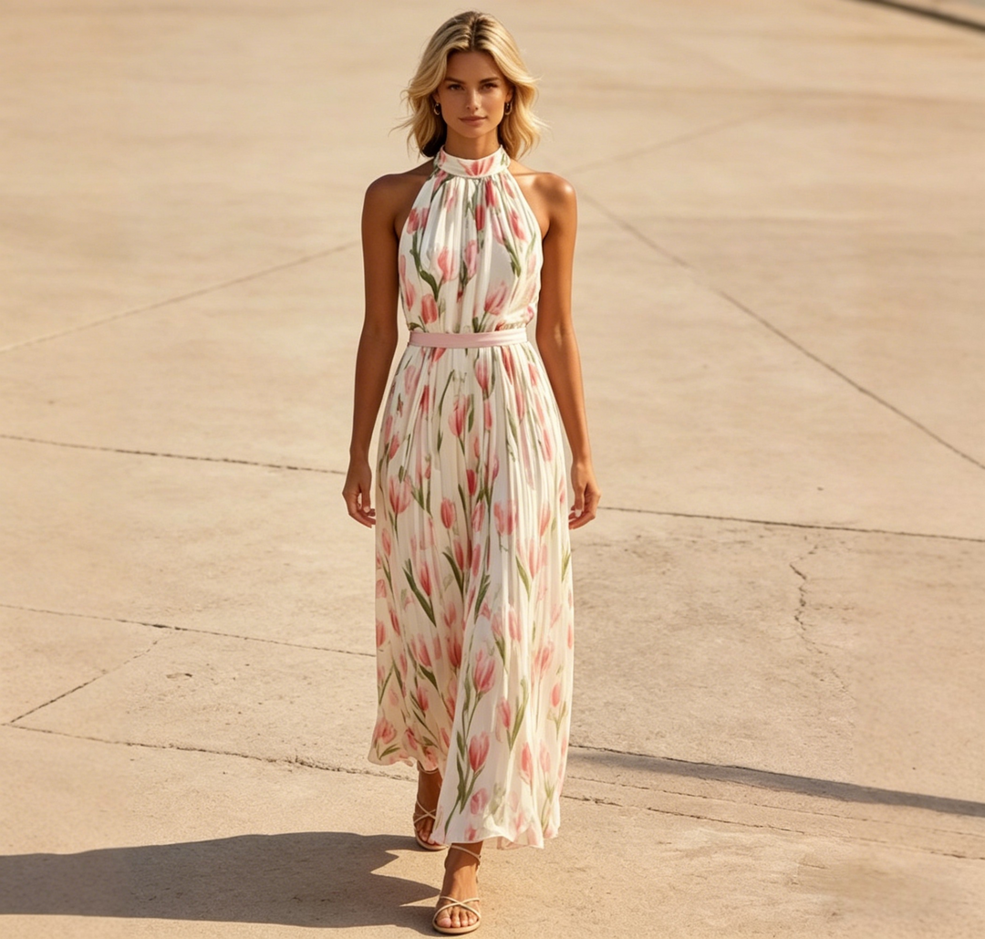 Halter Neck Tulip Print High Waist A-Line Midi Dress | Cream &amp;amp; Pink Floral Romantic Midi