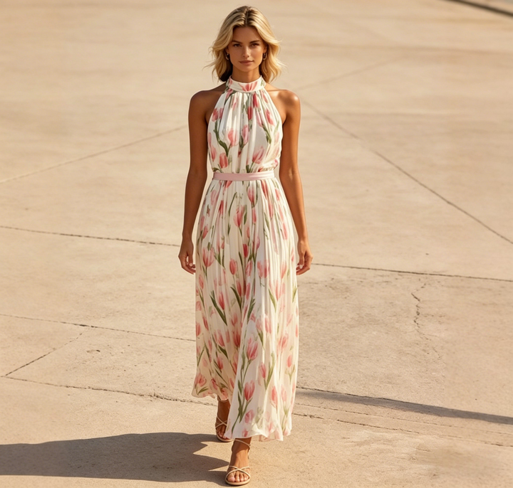 Halter Neck Tulip Print High Waist A-Line Midi Dress | Cream &amp;amp; Pink Floral Romantic Midi