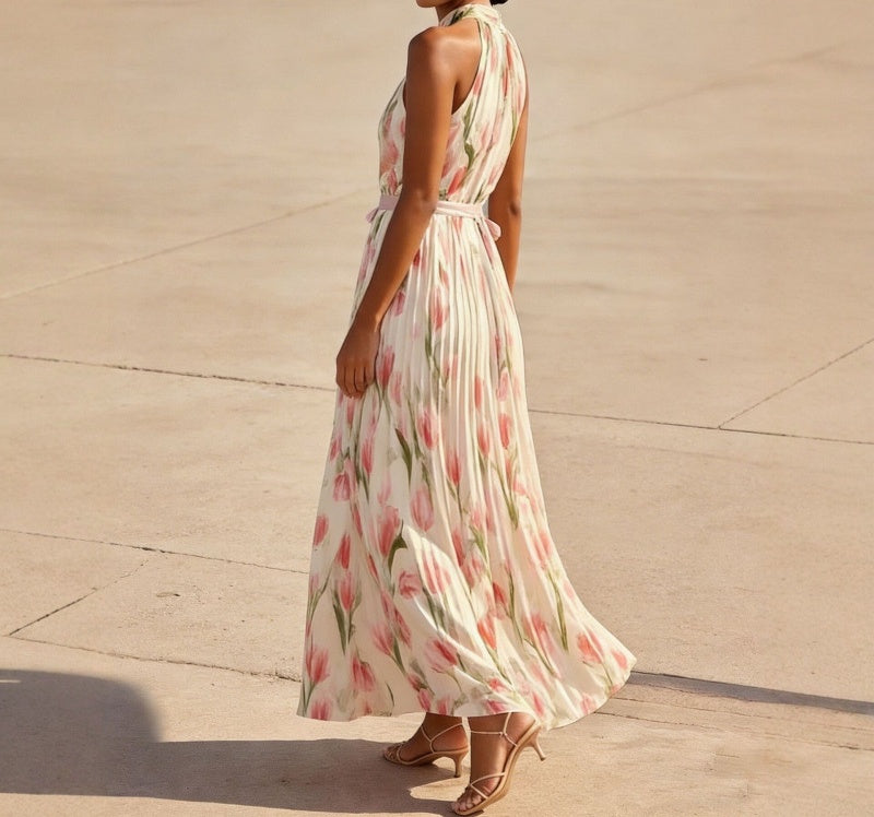Halter Neck Tulip Print High Waist A-Line Midi Dress | Cream &amp;amp; Pink Floral Romantic Midi