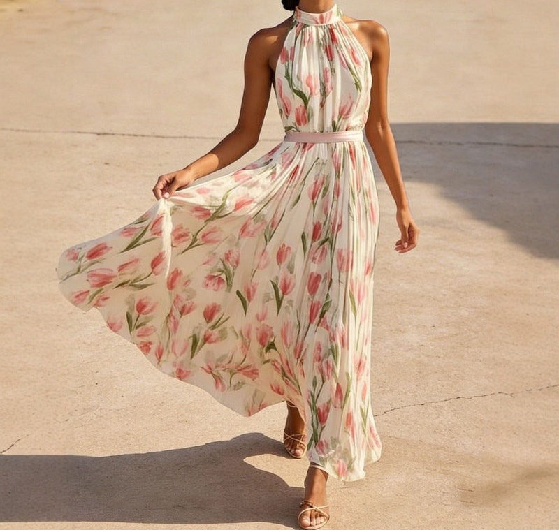 Halter Neck Tulip Print High Waist A-Line Midi Dress | Cream &amp;amp; Pink Floral Romantic Midi