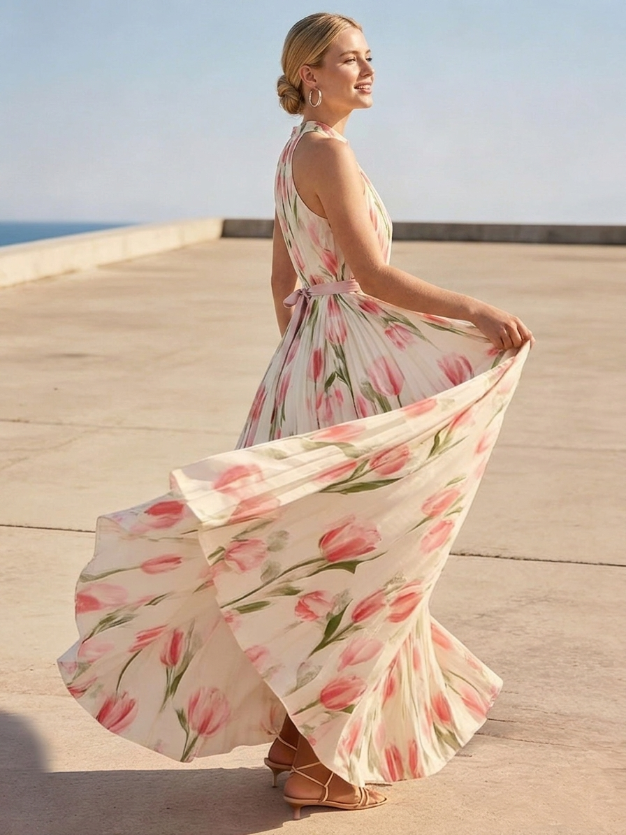 Halter Neck Tulip Print High Waist A-Line Midi Dress | Cream &amp;amp; Pink Floral Romantic Midi