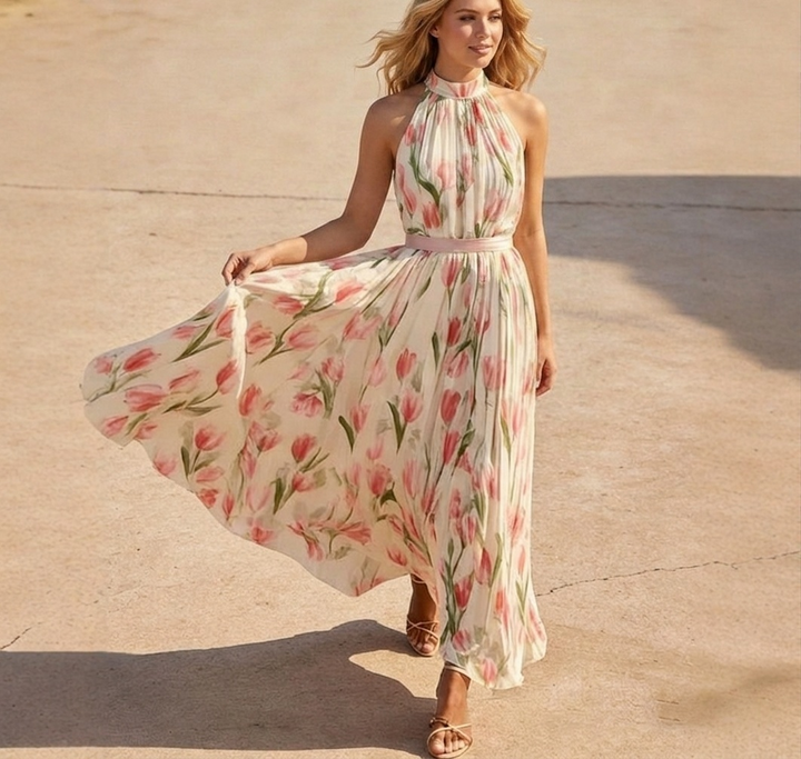 Halter Neck Tulip Print High Waist A-Line Midi Dress | Cream &amp;amp; Pink Floral Romantic Midi