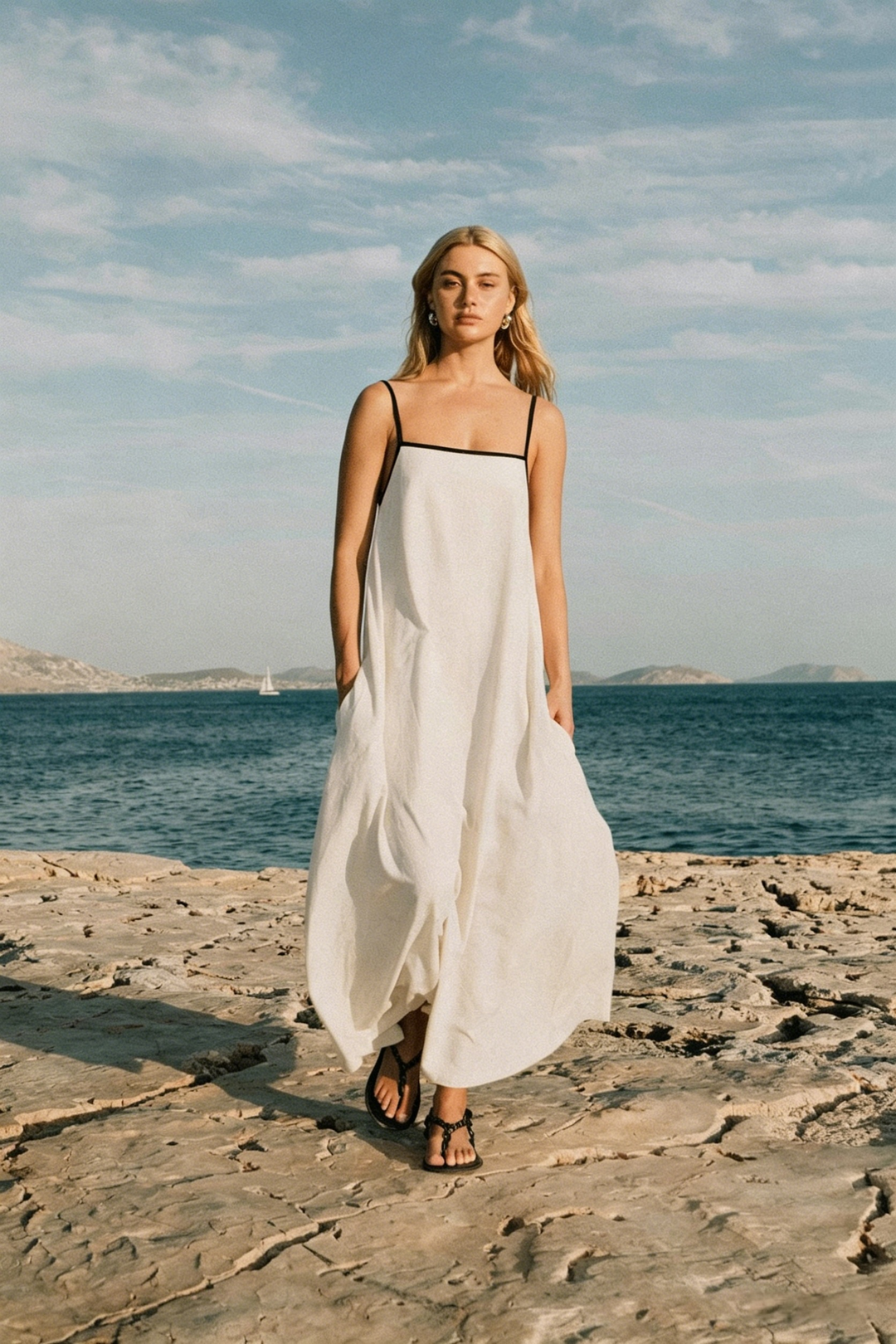 Minimalist Spaghetti Strap A-Line Maxi Dress | Cream Flowy Resort Dress