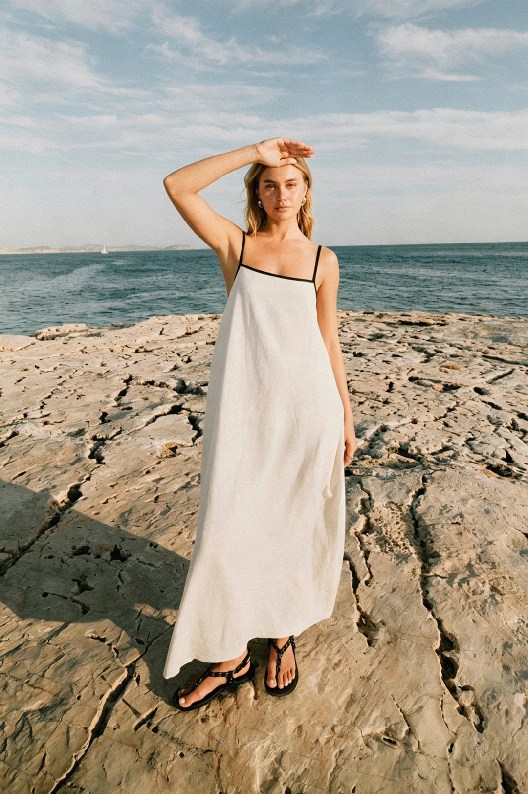 Minimalist Spaghetti Strap A-Line Maxi Dress | Cream Flowy Resort Dress