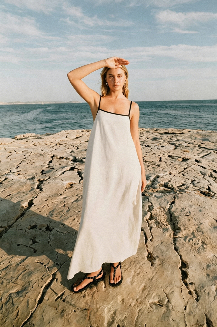 Minimalist Spaghetti Strap A-Line Maxi Dress | Cream Flowy Resort Dress