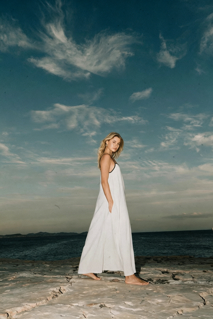 Minimalist Spaghetti Strap A-Line Maxi Dress | Cream Flowy Resort Dress