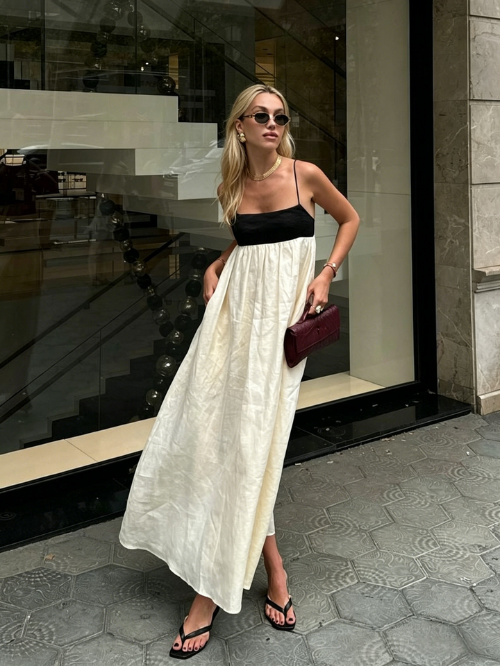Color Block Spaghetti Strap A-Line Maxi Dress | Cream &amp;amp; Black Minimalist Contrast Maxi