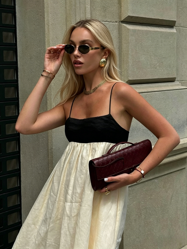 Color Block Spaghetti Strap A-Line Maxi Dress | Cream &amp;amp; Black Minimalist Contrast Maxi