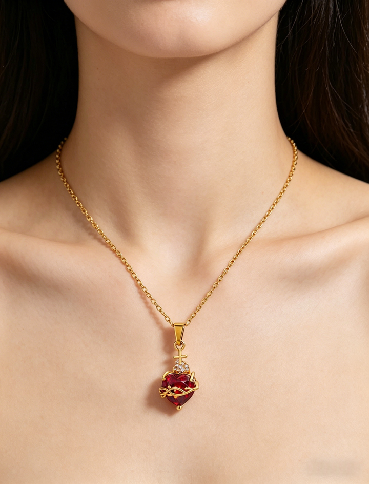 Sacred Heart Cross Red CZ Necklace &amp;amp; Earrings Set | Gold Gothic Jewelry