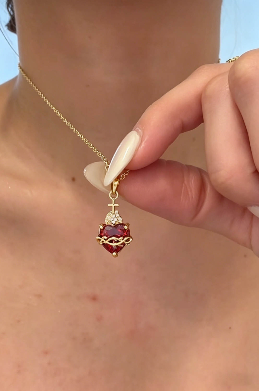 Sacred Heart Cross Red CZ Necklace &amp;amp; Earrings Set | Gold Gothic Jewelry