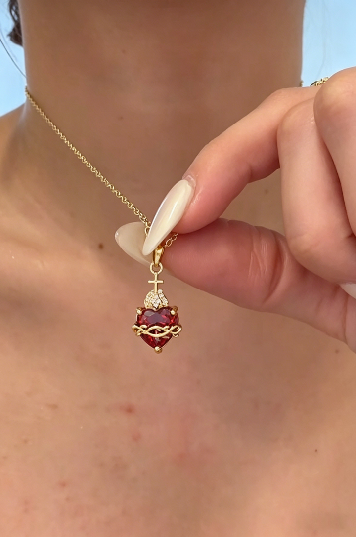Sacred Heart Cross Red CZ Necklace &amp;amp; Earrings Set | Gold Gothic Jewelry