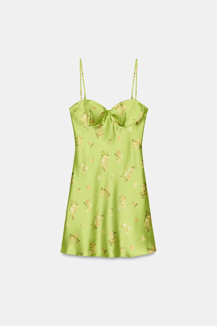 Lime Green Floral Satin Slip Mini Dress | Sweetheart Neck A-Line with Adjustable Straps
