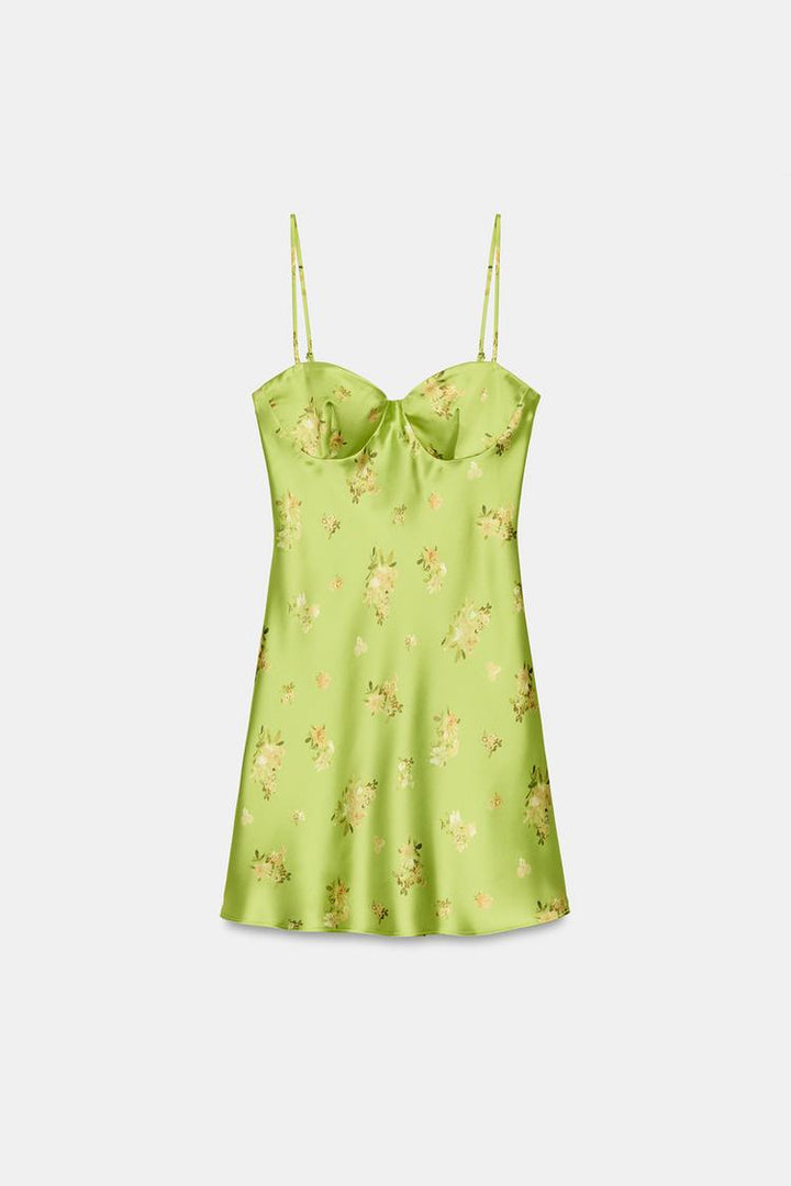 Lime Green Floral Satin Slip Mini Dress | Sweetheart Neck A-Line with Adjustable Straps