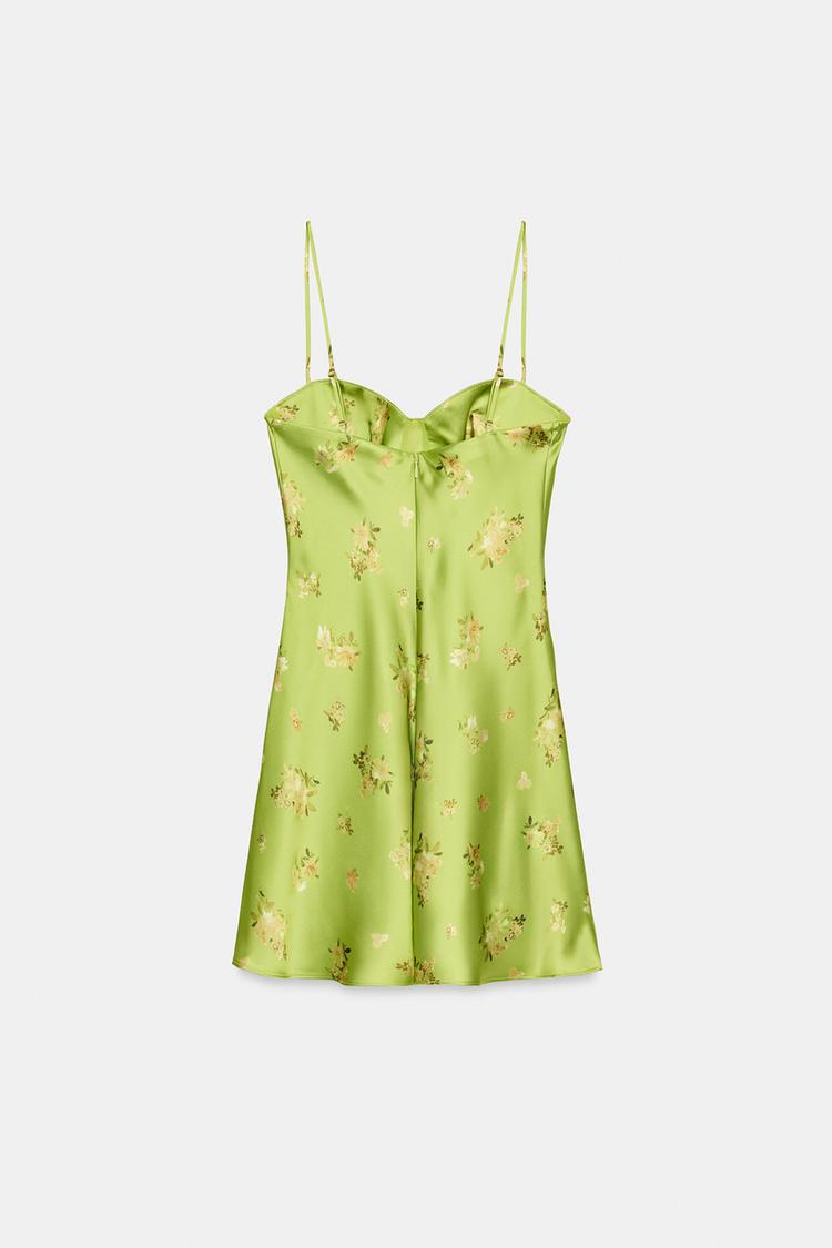 Lime Green Floral Satin Slip Mini Dress | Sweetheart Neck A-Line with Adjustable Straps