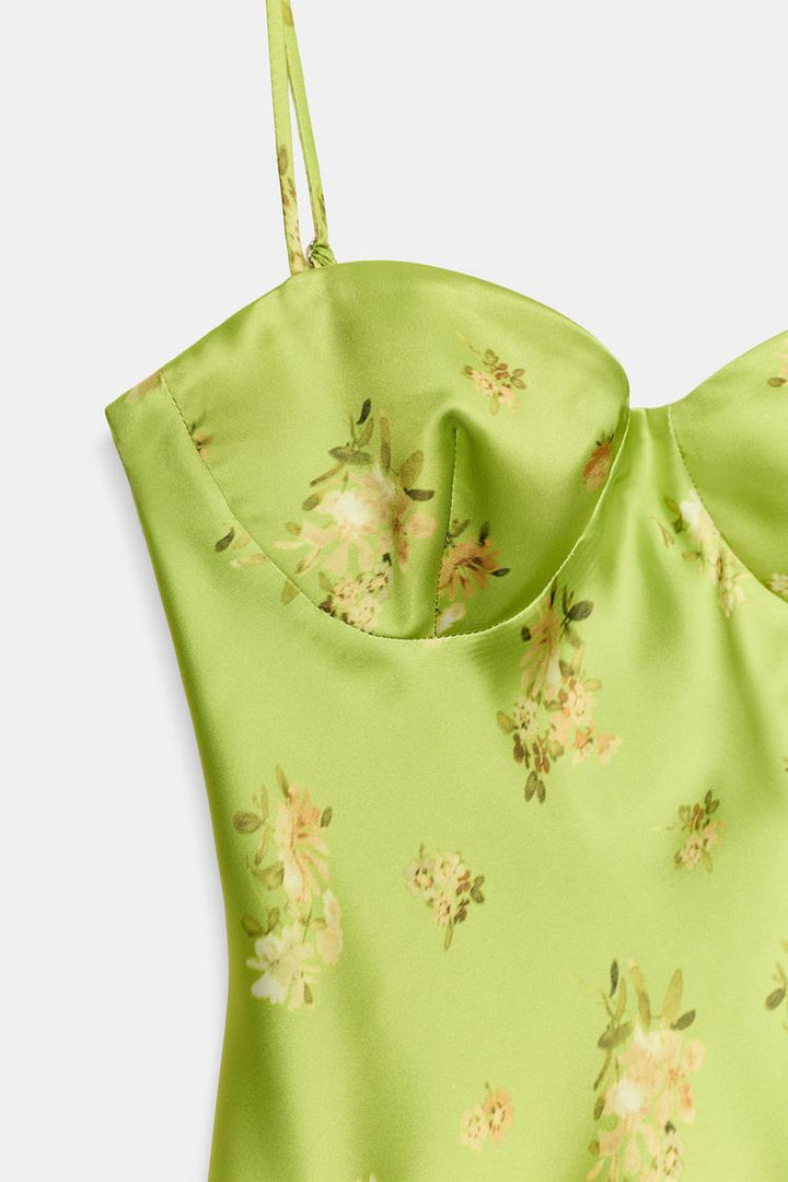 Lime Green Floral Satin Slip Mini Dress | Sweetheart Neck A-Line with Adjustable Straps