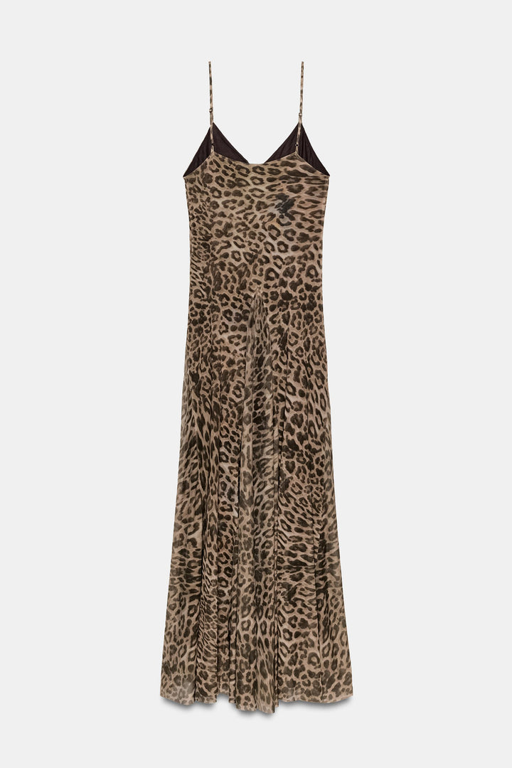 Leopard Print V-Neck Chiffon Slip Maxi Dress | Washed Animal Print with Adjustable Straps