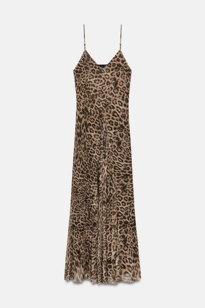 Leopard Print V-Neck Chiffon Slip Maxi Dress | Washed Animal Print with Adjustable Straps