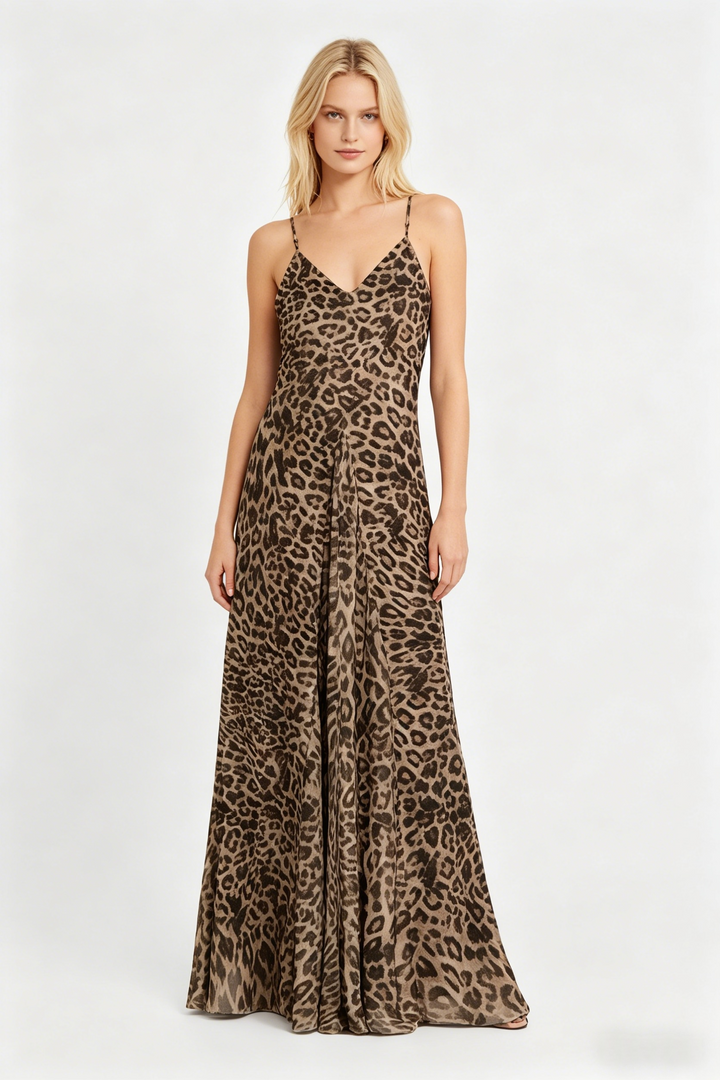 Leopard Print V-Neck Chiffon Slip Maxi Dress | Washed Animal Print with Adjustable Straps
