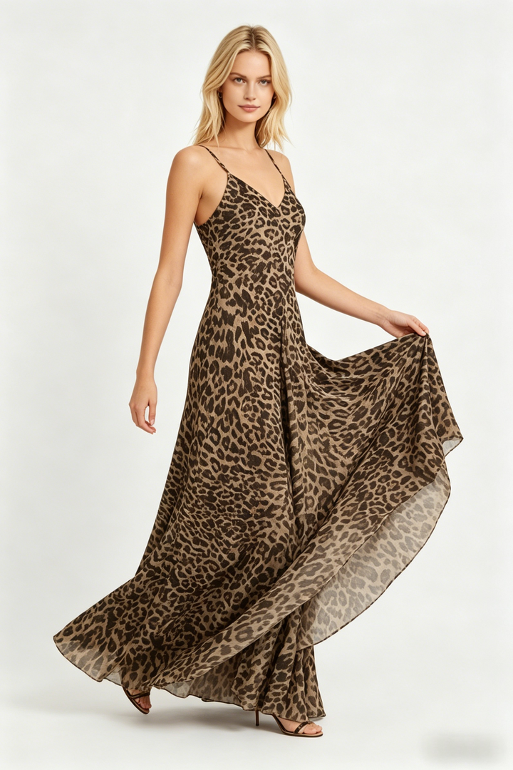 Leopard Print V-Neck Chiffon Slip Maxi Dress | Washed Animal Print with Adjustable Straps
