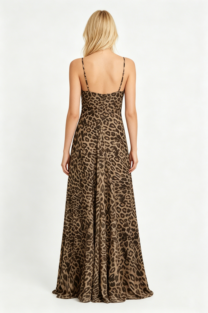 Leopard Print V-Neck Chiffon Slip Maxi Dress | Washed Animal Print with Adjustable Straps
