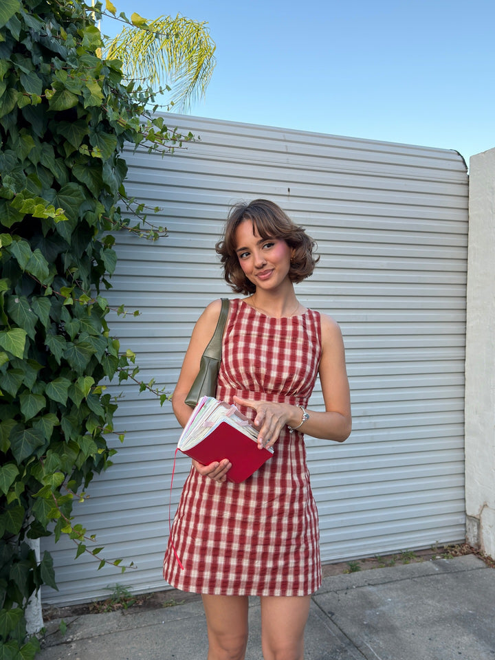 Retro Gingham Sleeveless A-Line Mini Dress | Red &amp;amp; Beige Crinkle Plaid Babydoll